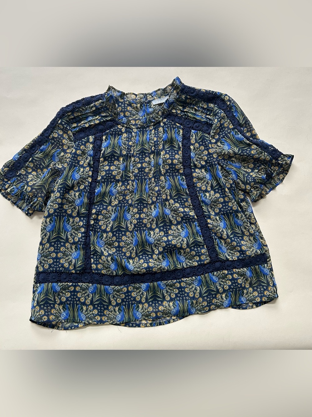 Daniel Rainn Navy Blue Floral Lace-Trim Peasant Blouse size xs - Picture 2 of 8